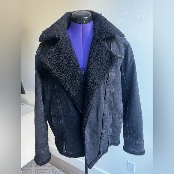 Calvin Klein Women’s Sherpa Moto Denim Jacket Black Size Large Casual Streetwear - Picture 1 of 12